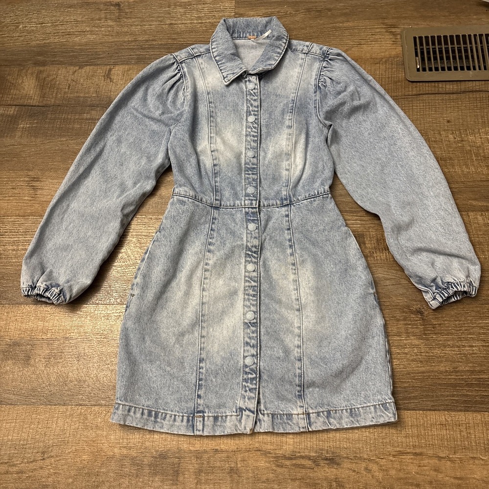 Free People Blue Denim Mini Shirt Dress Light Wash Puff Sleeve Size XS